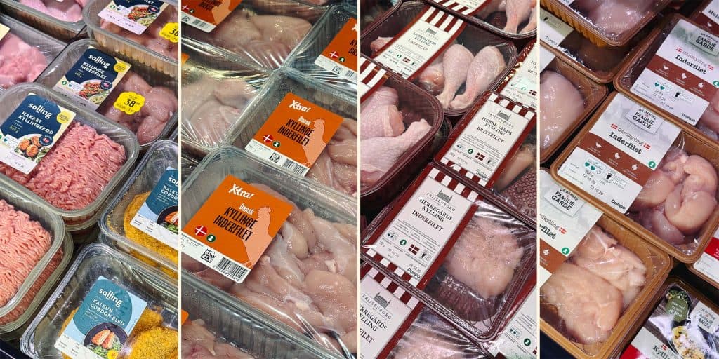 Fire billeder af kyllingepakker i supermarkedernes kølediske.