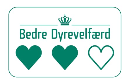 Dyrevelfærdsmærket »Bedre Dyrevelfærd« med 2 hjerter