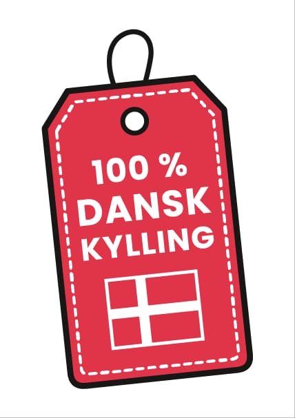 Illustration af et mærke med teksten »100 % dansk kylling« og Dannebrog